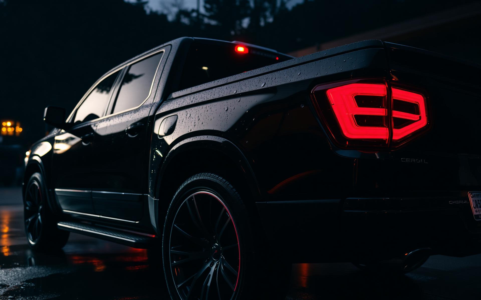 Premium black pickup truck professionally detailed at dusk